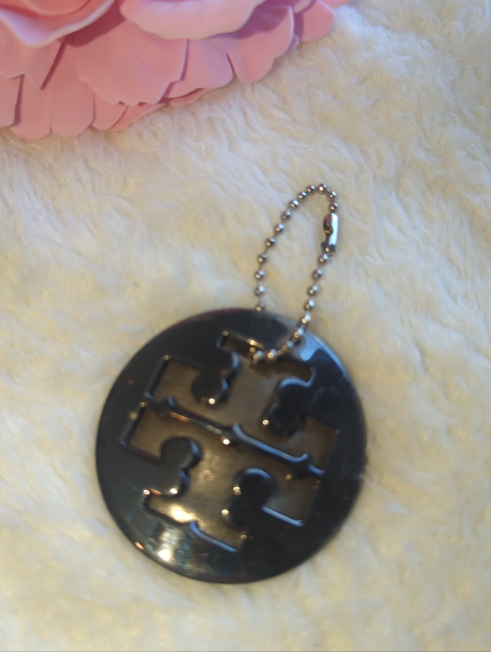 Tory Burch Black Logo Disc Key Charm with Silver Chain Upcycled Bag Charm